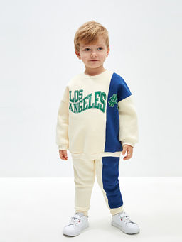 Bisiklet Yaka Bask?l? Erkek Bebek Sweatshirt ve E?ofman Alt 2li