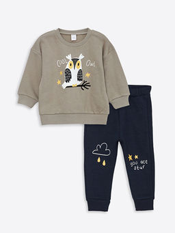 Bisiklet Yaka Bask?l? Erkek Bebek Sweatshirt ve E?ofman Alt 2li