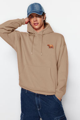 TRENDYOL MAN Gri Oversize/Genis Kesim Kapusonlu Hayvan Nak?sl? Ici Polarl? Sweatshirt TMNAW24SW00097 - Trendyolmilla фото 22