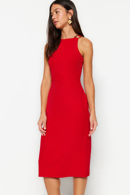 TRENDYOLMILLA Petrol Vucuda Oturan Yakas? Aksesuar Detayl? Midi Kalem Etek Dokuma Elbise TWOSS23EL02115  фото 16