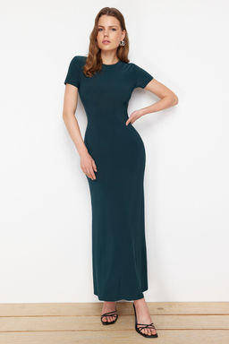 Zumrut Yesili K?sa Kol Vucuda Oturan Bisiklet Yaka Esnek Orme Maxi Kalem Elbise TWOSS24EL00097