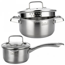 Набор посуды из нержавеющей стали Практис 2 штуки: кастрюля 2,9л - д20см, h9,5см, ковш 1,1л - д14см, h7,5см, s05мм, стеклянная крышка с ободом из нержавеющей стали и сливом, пароотовод, капсулированное дно, полировка снаружи - матовая, внутренняя - - Домашняя мода фото 3