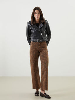 Biker Yaka Kad?n Deri G?r?n?ml? Ceket