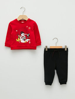 Bisiklet Yaka Uzun Kollu Disney Bask?l? Y?lba?? Temal? Temal? Erkek Bebek Sweatshirt ve Pantolon 2li Tak?m