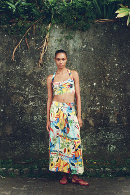 TROPICAL PRINT LAYERED MIDI SKIRT
