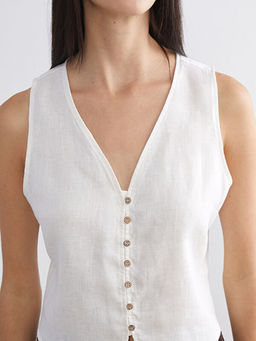 V Yaka %100 Keten Kad?n Klasik Yelek