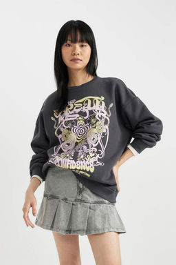 Толстый свитшот Cool Oversize с принтом и круглым вырезом - Defacto фото 3