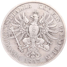 Монета 1 союзный талер 1867 года A Пруссия