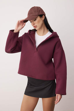 Murdum Kal?n Ici Polarl? Yar?m Pat Fermuarl? Oversize Kapusonlu Orme Sweatshirt TWOAW26SW00060
