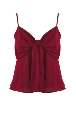 Koyu K?rm?z? Keten Gorunumlu Fiyonk Detayl? Ask?l? Y?lbas? Dokuma Bluz TWOSS25BZ00249