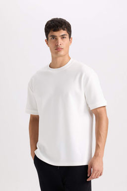 Oversize Genis Kal?p Bisiklet Yaka Basic Duz K?sa Kollu Ag?r Kumas Tisort - Defacto фото 4