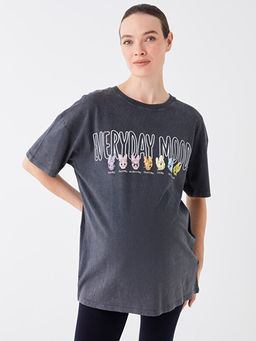 Bisiklet Yaka Daisy Duck Bask?l? K?sa Kollu Oversize Hamile Ti??rt