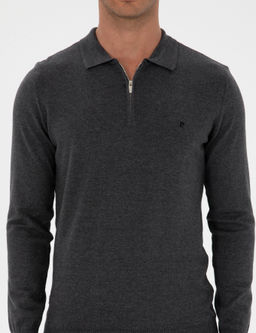 Antrasit Melanj Slim Fit Polo Yaka Fermuarl_ Basic Triko Kazak - Pierre cardin фото 6