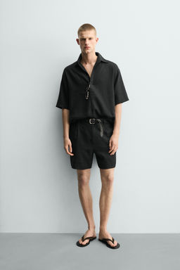 CAMISA POLO REGULAR FIT LINO - VISCOSA / Negro
