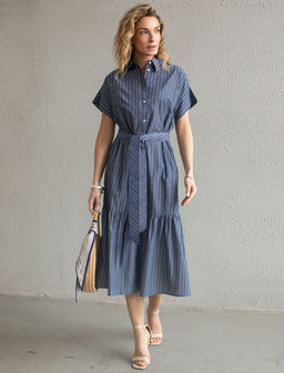 Платье в полоску А-силуэта с поясом из легкого хлопкового поплина