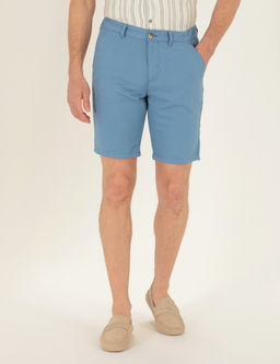 Koyu Mavi Slim Fit Keten Kar___ml_ Beli Lastikli Bermuda _ort
