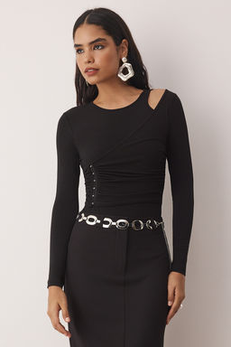 Siyah Agrafl? Asimetrik Yaka Orme Party Body TPRAW26BD00011