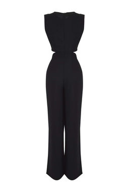 Siyah Cut Out/Pencere ve Toka Detayl? Genis Paca Dokuma Krep Tulum TWOSS25TU00065
