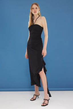 Bordo Ask?l? Buzgulu Y?rtmacl? F?rf?rl? Bodycone/Vucuda Oturan Maxi Orme Elbise TWOSS25EL00228 - Trendyolmilla фото 5