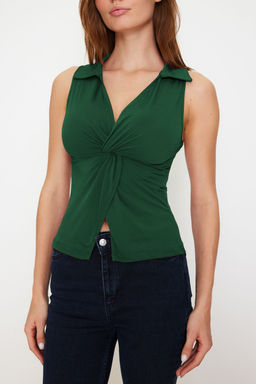 Trendyolmilla Bordo Fitted/Vucuda Oturan Polo Yaka Esnek Orme Bluz TWOSS24BZ00085  фото 34