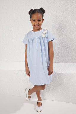 Ac?k Mavi K?z Cocuk %100 Pamuk Mini Cicekli K?sa Kollu Bayraml?k Dokuma Elbise TKDSS25EL00021 - Trendyolmilla фото 2