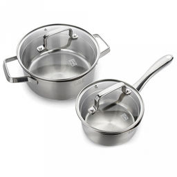 Набор посуды из нержавеющей стали Практис 2 штуки: кастрюля 2,9л - д20см, h9,5см, ковш 1,1л - д14см, h7,5см, s05мм, стеклянная крышка с ободом из нержавеющей стали и сливом, пароотовод, капсулированное дно, полировка снаружи - матовая, внутренняя - - Домашняя мода фото 2