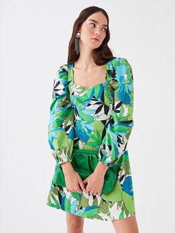 Kare Yaka Desenli Poplin Elbise