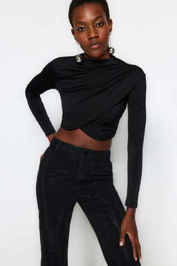Siyah Dik Yaka Drapeli Crop Bluz TWOAW24BZ00164
