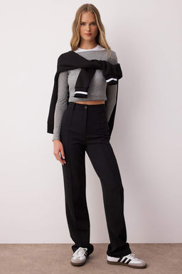 Siyah Kal?n Esnek Kumas Straight/Duz Kesim Yuksek Bel Nervur Dikisli Pantolon TWOAW26PL00027