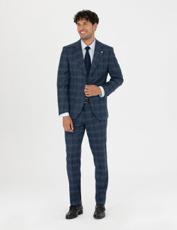 %100 Y_n Ekose Lacivert Ekstra Slim Fit Tak_m Elbise