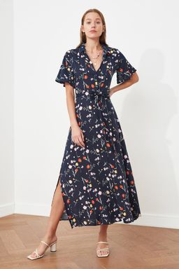 Siyah Kusakl? Y?rtmacl? Cicek Desenli Midi Dokuma Gomlek Elbise TWOSS20EL2822 - Trendyolmilla фото 12