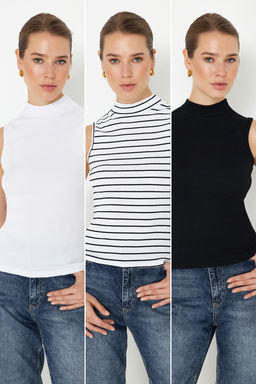 Siyah-Beyaz-Cok Renkli 3Lu Paket Fitted/Vucuda Oturan Fitilli Esnek Orme Bluz TWOSS24BZ00560