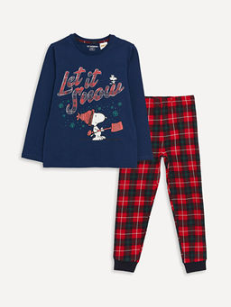 Bisiklet Yaka Snoopy Bask?l? Uzun Kollu Erkek ?ocuk Pijama Tak?m?