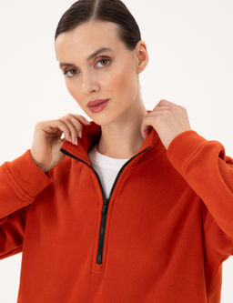 Kiremit Comfort Fit Fermuarl_ Polar Sweatshirt