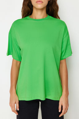 Yesil %100 Pamuk Bisiklet Yaka Oversize/Genis Kal?p Orme T-Shirt TWOSS20TS0134
