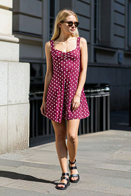 Bordo Ask?l? Puantiye Bask?l? Etegi F?rf?rl? Fitilli Esnek Mini Orme Elbise TWOSS25EL00379