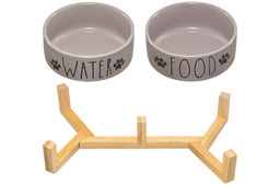 Набор 2 мисок для домашних питомцев 450 мл 28*14,5*6,5 см, с бамбуковой подставкой, серая