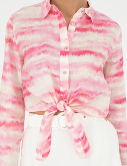 Pembe Crop Top Uzun Kollu Keten G_mlek