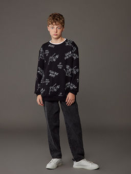 Bisiklet Yaka Bask?l? Erkek ?ocuk Kal?n Sweatshirt