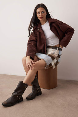 Kahverengi Ekose Desen Kemer Detayl? Dokuma K?sl?k Mini Etek TWOAW26ET00158 - Trendyolmilla фото 3