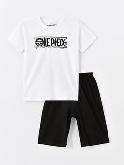 Bisiklet Yaka One Piece Bask?l? Erkek ?ocuk ?ortlu Pijama Tak?m?