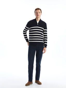 Dik Yaka Uzun Kollu ?izgili Erkek Triko Kazak