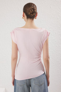 Ac?k Pembe Drapeli Vatkal? Fitted/Vucuda Oturan Esnek Orme Bluz TWOSS25BZ00174