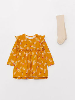 Bisiklet Yaka Uzun Kollu Bask?l? K?z Bebek Elbise ve K?lotlu ?orap 2li Tak?m