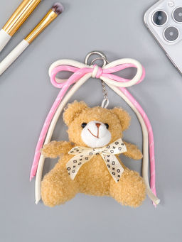 Брелок текстиль "Мишка с бело-розовым бантиком" бежевый 6х9,5х20 см
