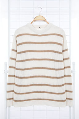 Vizon Casual Oversize Bisiklet Yaka Cizgili Triko Kazak TMNAW23KZ00285