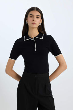 Fitted Polo Yaka K?sa Kollu Triko Tisort - Defacto фото 2