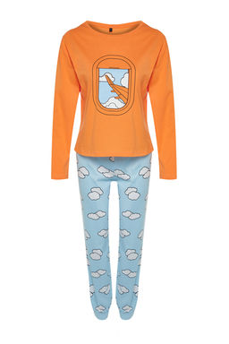 Turuncu %100 Pamuklu Bulut Desenli Tshirt-Jogger Orme Pijama Tak?m? THMAW24PT00005 - Trendyolmilla фото 7