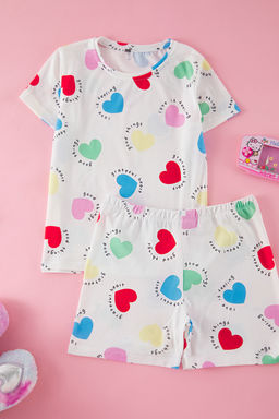 Ekru K?z Cocuk Kalp Desenli Bisiklet Yaka Alt Ust Orme Pijama Tak?m? TKDSS25PT00006