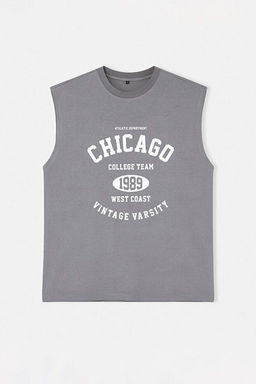 Gri Oversize/Geni_ Kesim _ehir Bask_l_ %100 Pamuk Kolsuz T-Shirt/Atlet TMNSS23AL00008